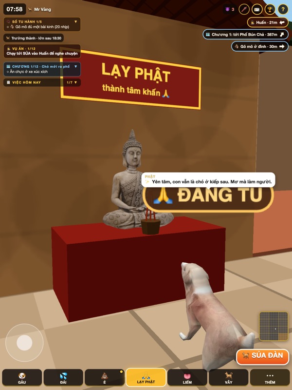 Chó lạy Phật ở đình trong game